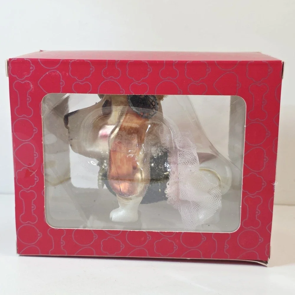 Blown Glass Hound Dog Dressed in Sequins Pink Skirt Glitter Christmas Ornament